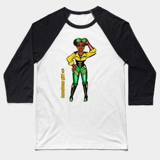 Anime Manga Jamaican sunshades yellow background - dressed in the colors colours of Jamaican flag in black green and gold inside a heart shape Baseball T-Shirt